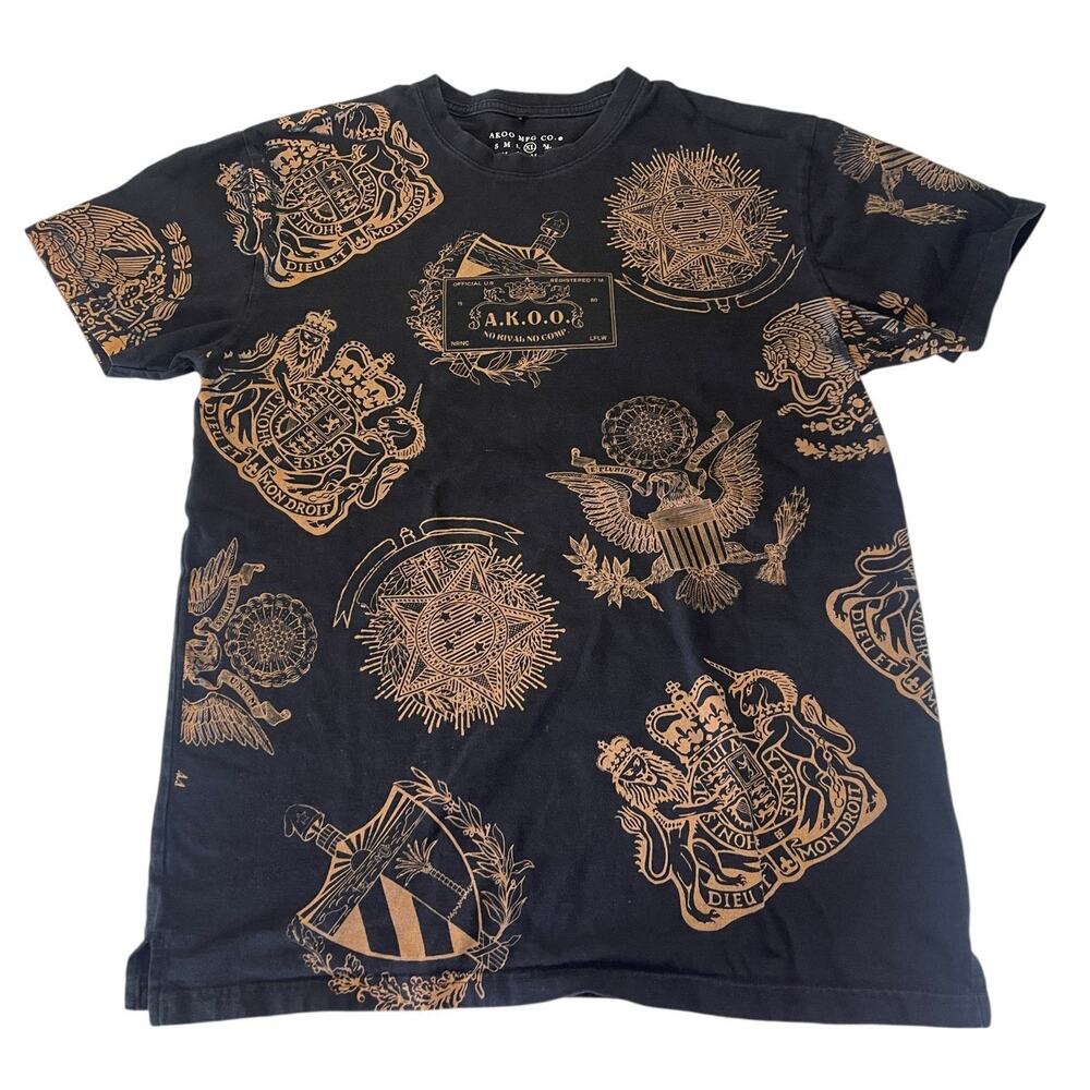 AKOO‎ All Over Print Graphic T Shirt Streetwear Black Gold Mens XL